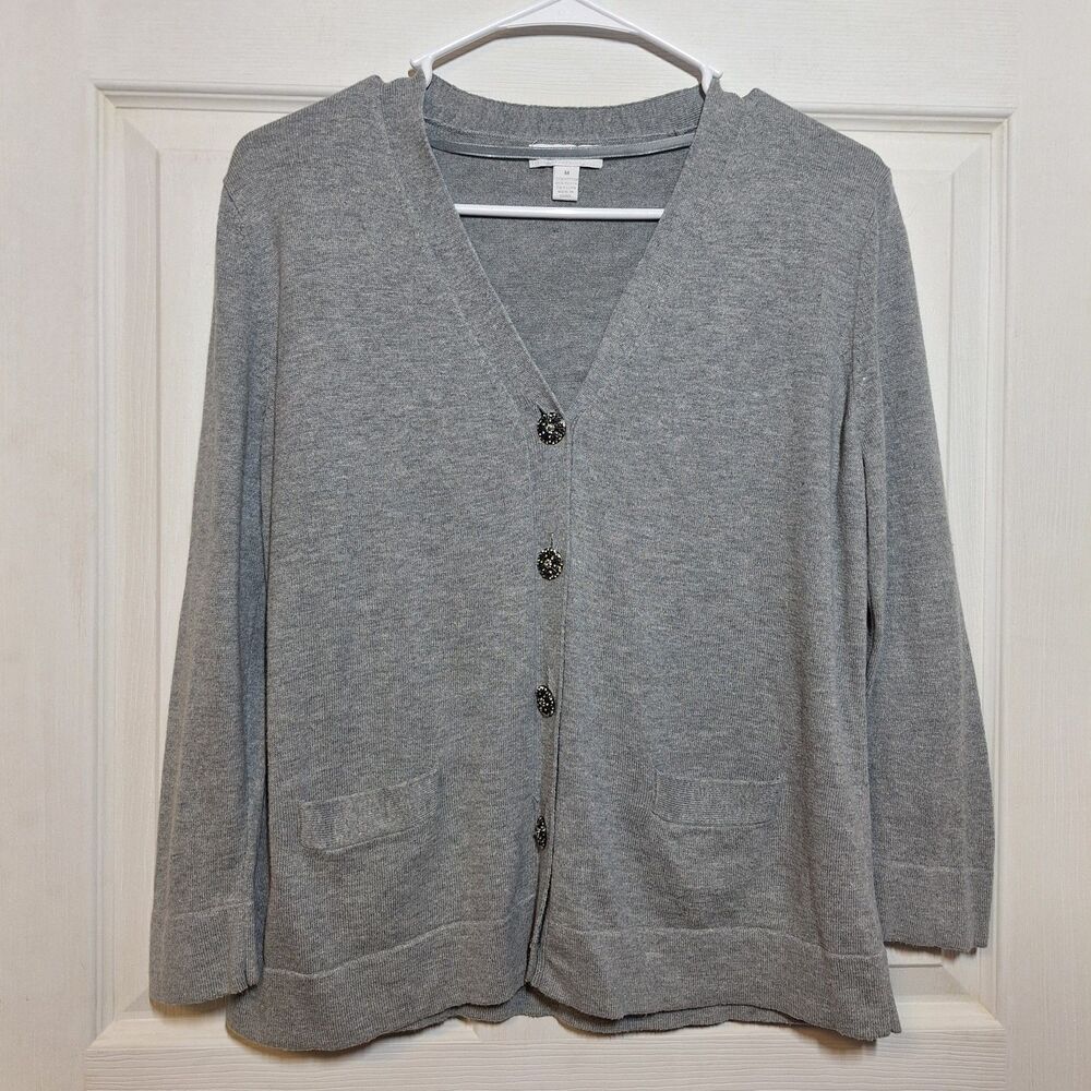 Charter Club Grey V Neck Cardigan Sweater Jeweled Buttons Light Academia Size M